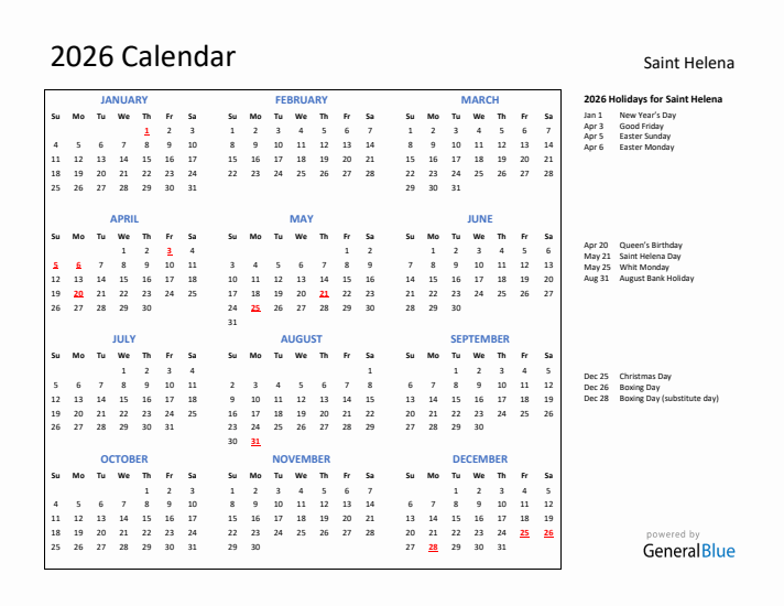 2026 Calendar with Holidays for Saint Helena