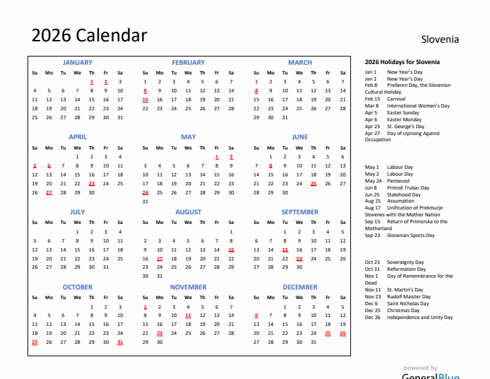 2026 Calendar with Holidays for Slovenia