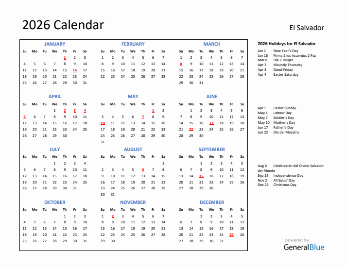 2026 Calendar with Holidays for El Salvador