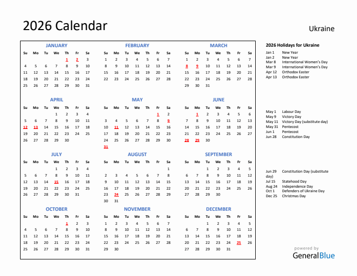 2026 Calendar with Holidays for Ukraine