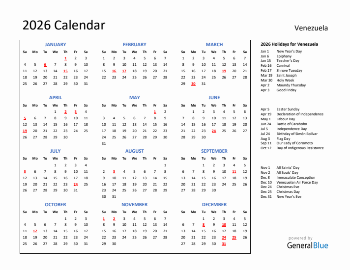 2026 Calendar with Holidays for Venezuela