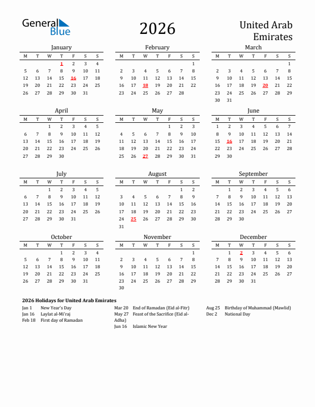 United Arab Emirates Holidays Calendar for 2026