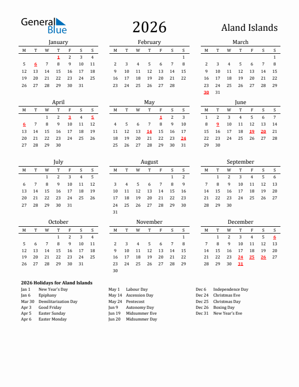 Aland Islands Holidays Calendar for 2026