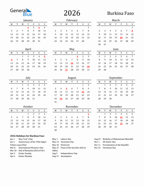 Burkina Faso Holidays Calendar for 2026