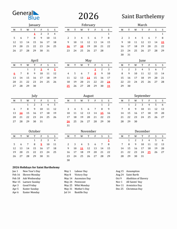 Saint Barthelemy Holidays Calendar for 2026