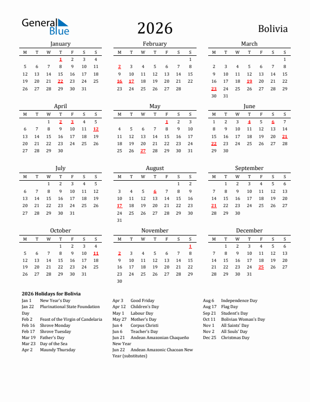 Bolivia Holidays Calendar for 2026