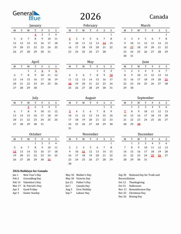 Canada Holidays Calendar for 2026