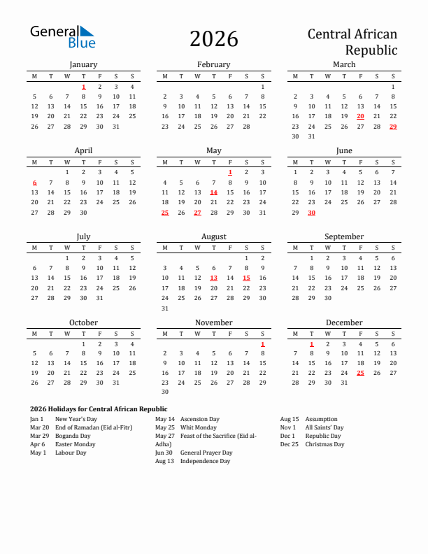 Central African Republic Holidays Calendar for 2026