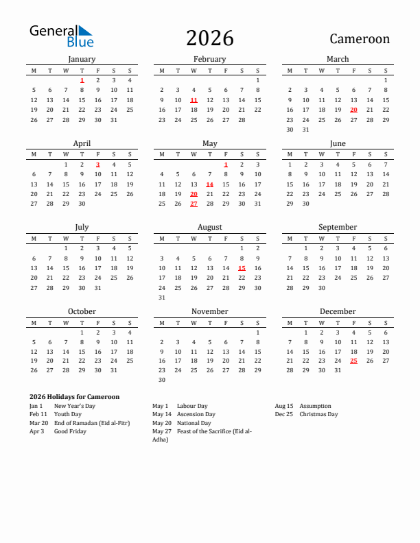 Cameroon Holidays Calendar for 2026