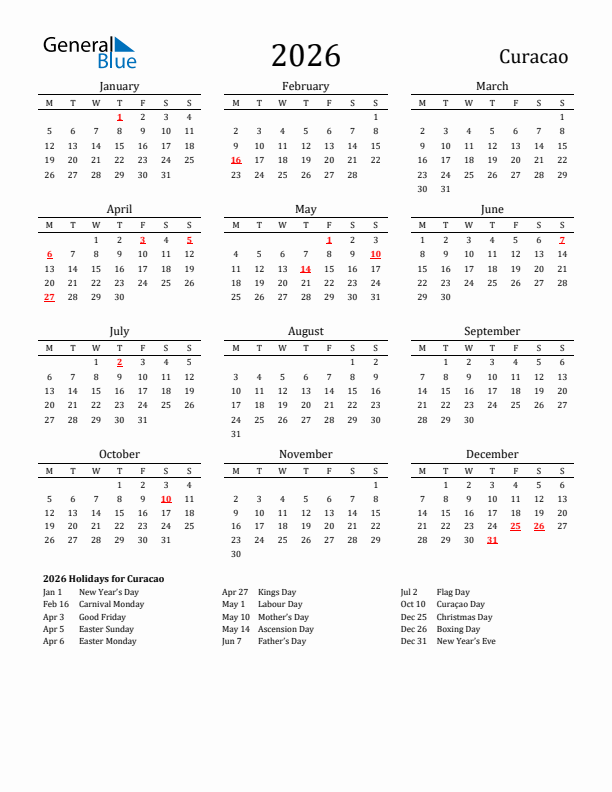 Curacao Holidays Calendar for 2026