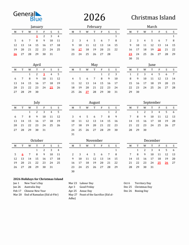 Christmas Island Holidays Calendar for 2026