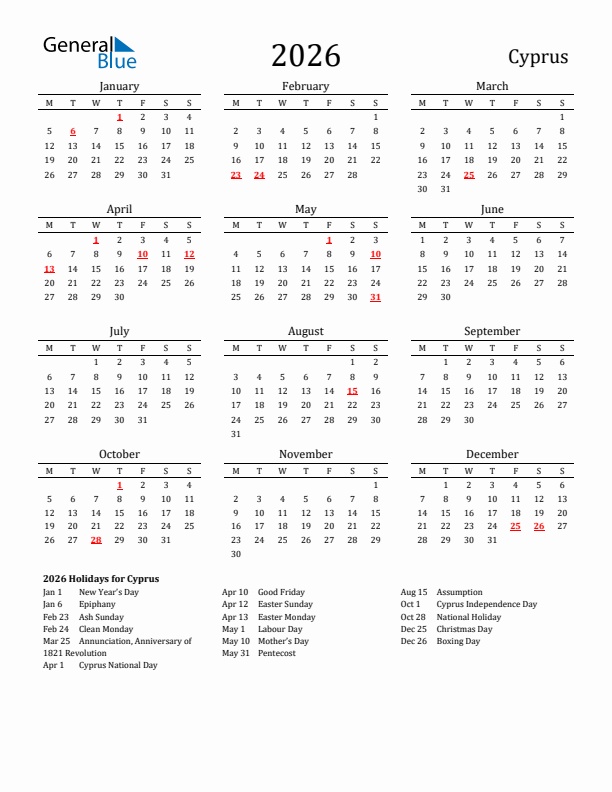 Cyprus Holidays Calendar for 2026