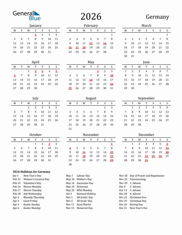 Germany Holidays Calendar for 2026