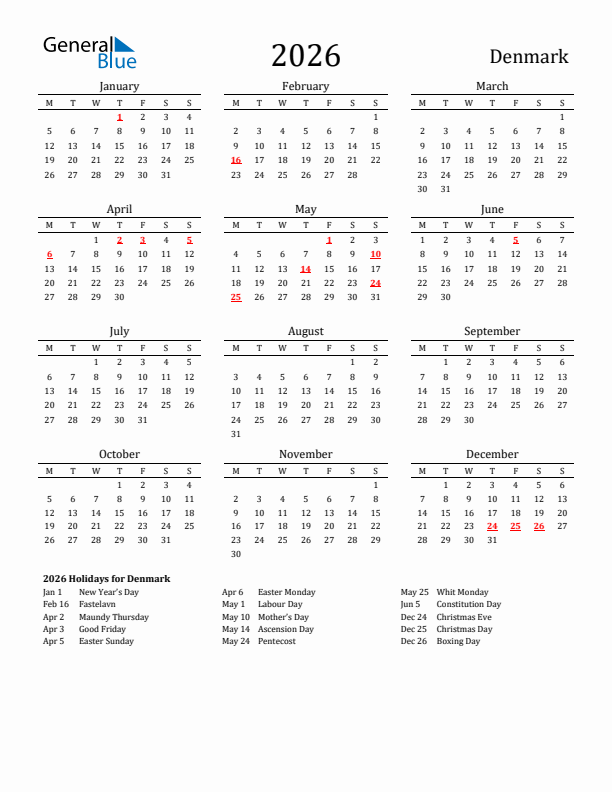 Denmark Holidays Calendar for 2026