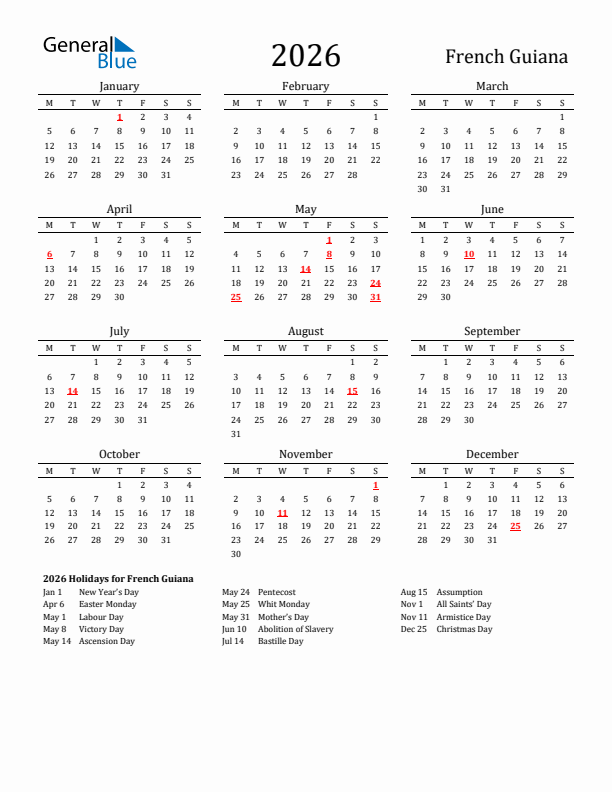 French Guiana Holidays Calendar for 2026