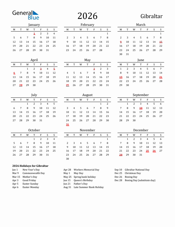 Gibraltar Holidays Calendar for 2026