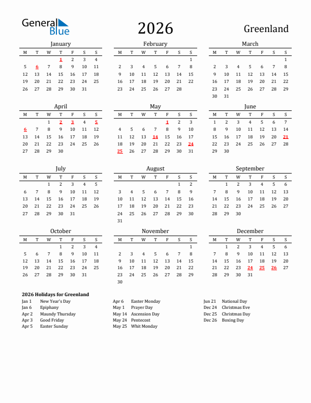 Greenland Holidays Calendar for 2026