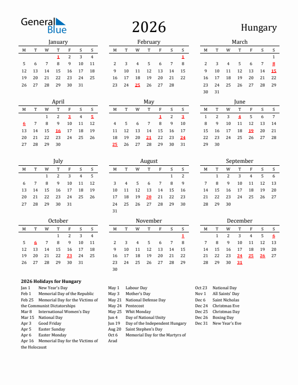 Hungary Holidays Calendar for 2026