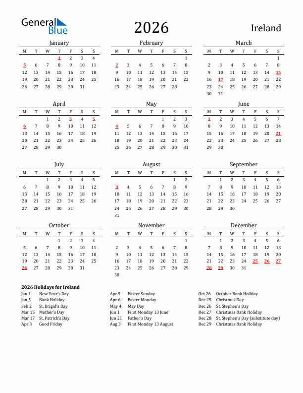 Ireland Holidays Calendar for 2026