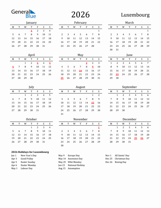 Luxembourg Holidays Calendar for 2026