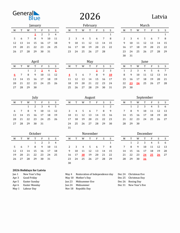 Latvia Holidays Calendar for 2026