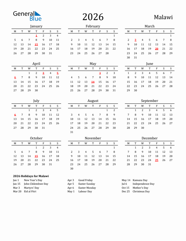 Malawi Holidays Calendar for 2026