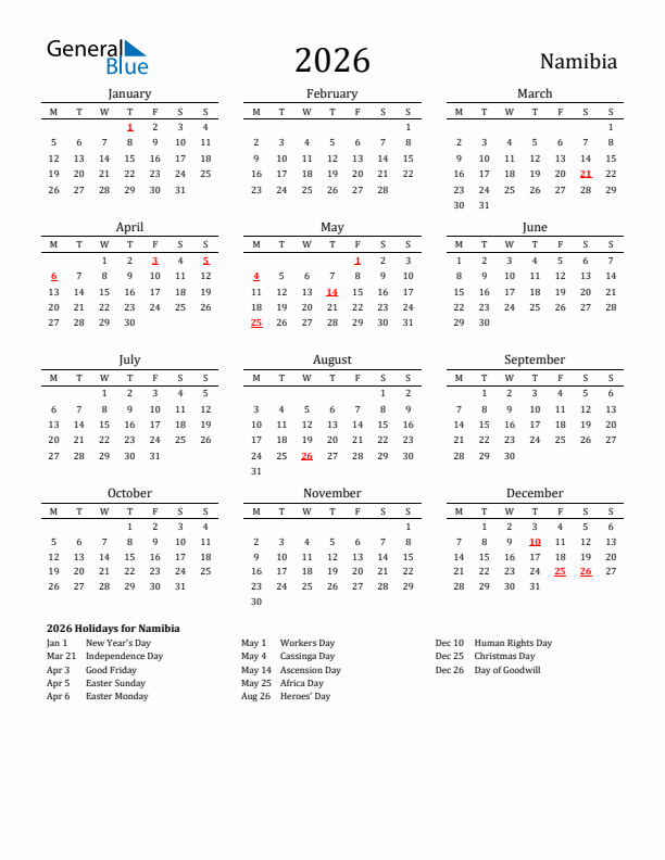 Namibia Holidays Calendar for 2026