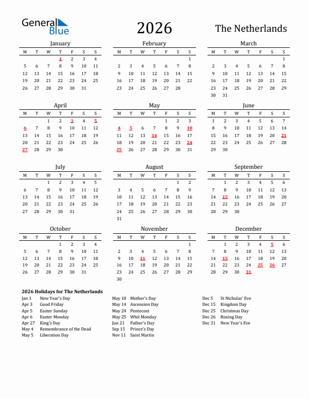 The Netherlands Holidays Calendar for 2026