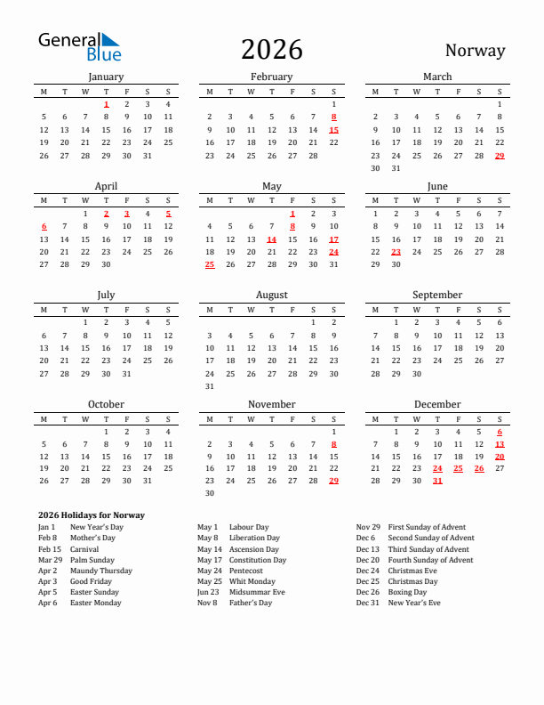 Norway Holidays Calendar for 2026