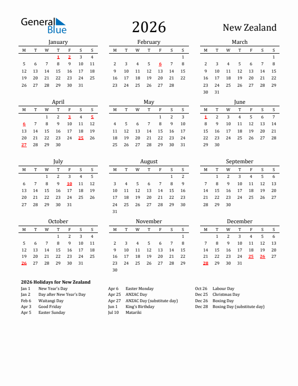 New Zealand Holidays Calendar for 2026