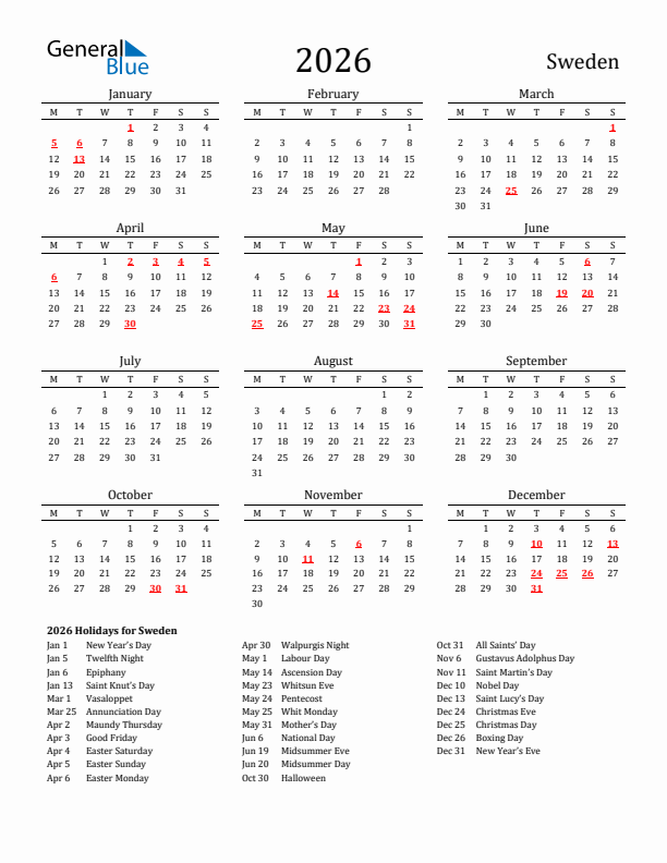 Sweden Holidays Calendar for 2026