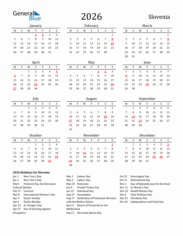 Slovenia Holidays Calendar for 2026