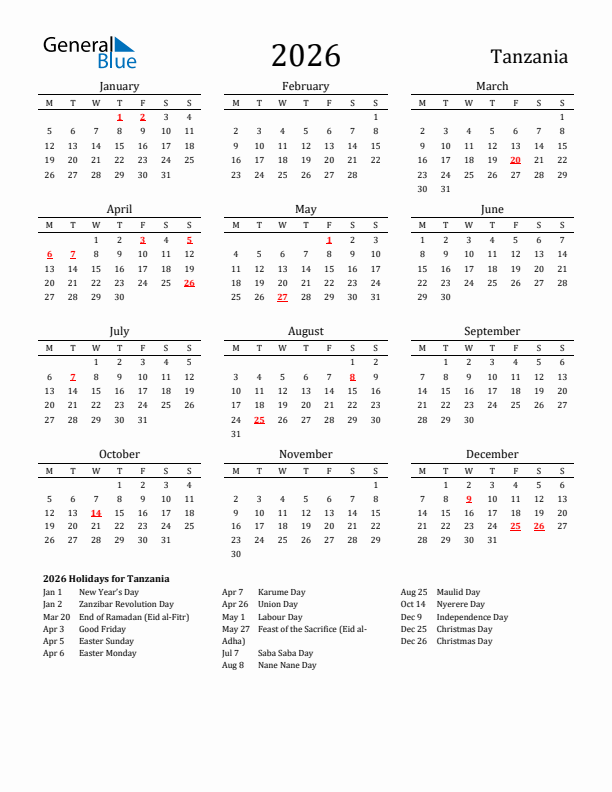 Tanzania Holidays Calendar for 2026