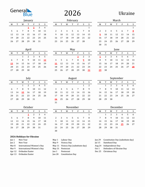 Ukraine Holidays Calendar for 2026