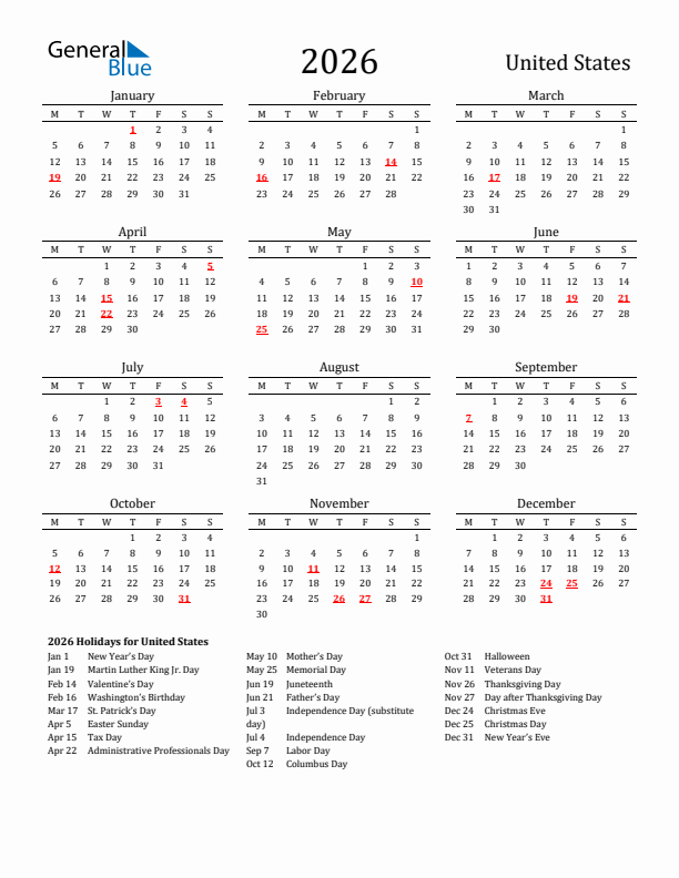 United States Holidays Calendar for 2026