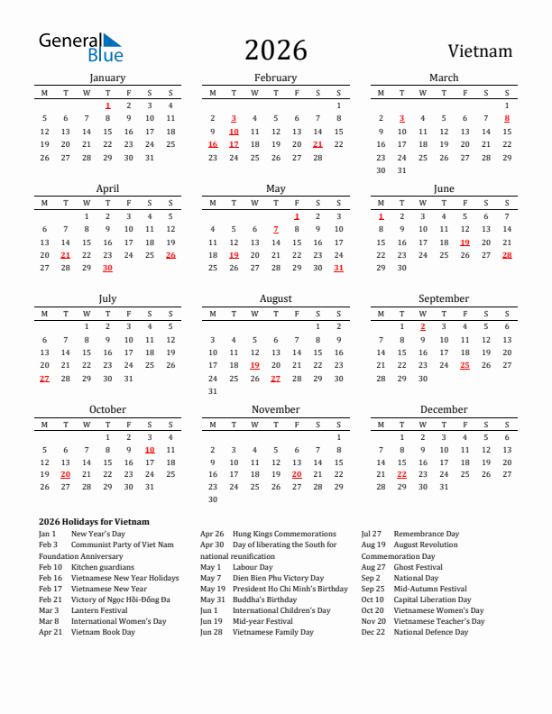 Vietnam Holidays Calendar for 2026