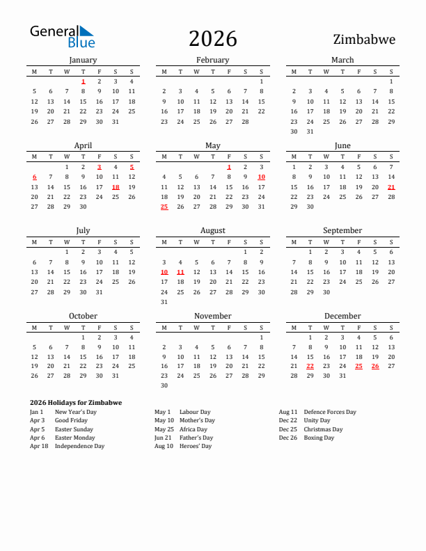 Zimbabwe Holidays Calendar for 2026