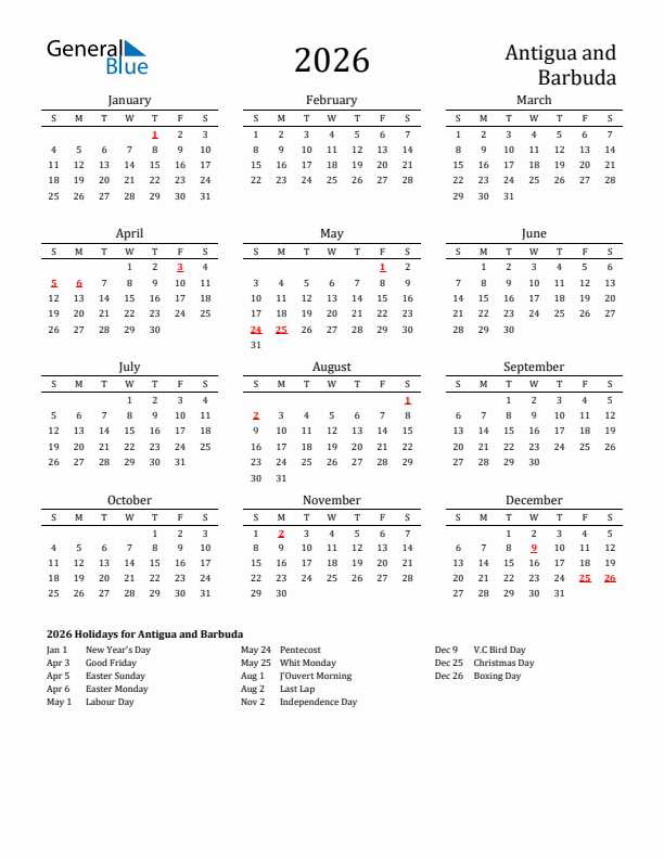 Antigua and Barbuda Holidays Calendar for 2026