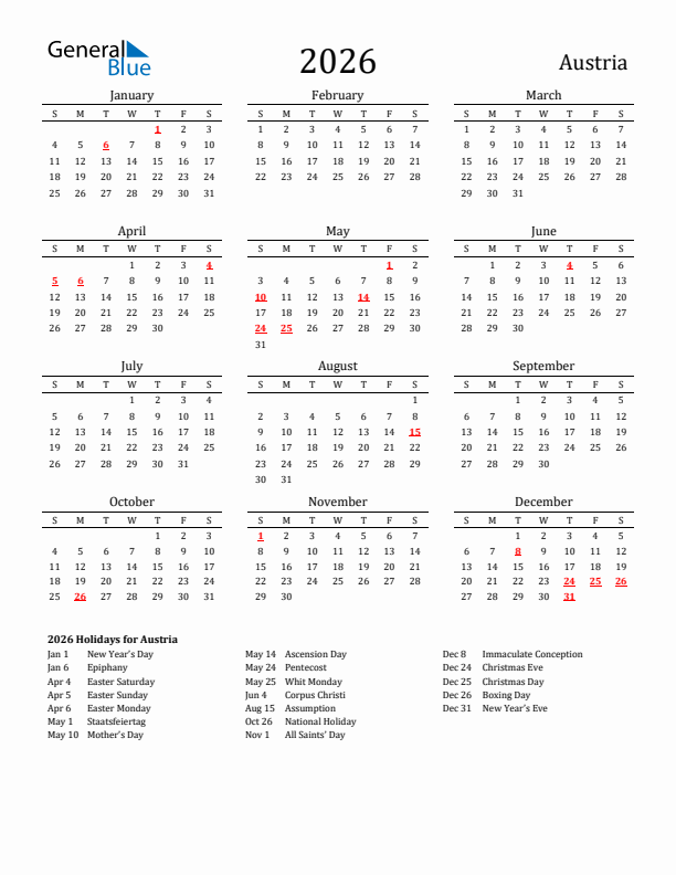 Austria Holidays Calendar for 2026