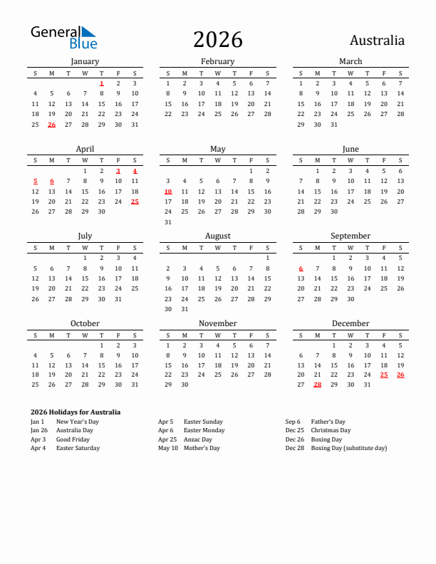 Australia Holidays Calendar for 2026