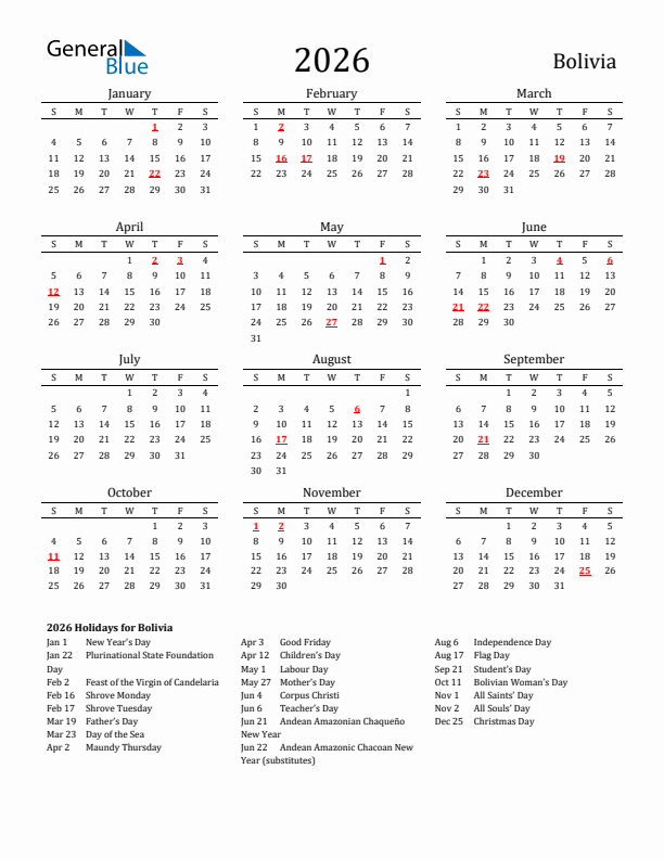 Bolivia Holidays Calendar for 2026