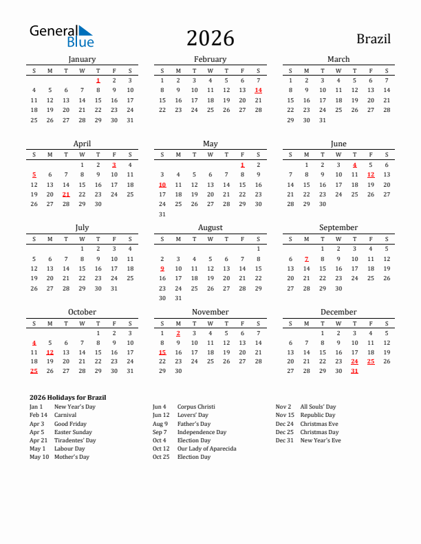 Brazil Holidays Calendar for 2026