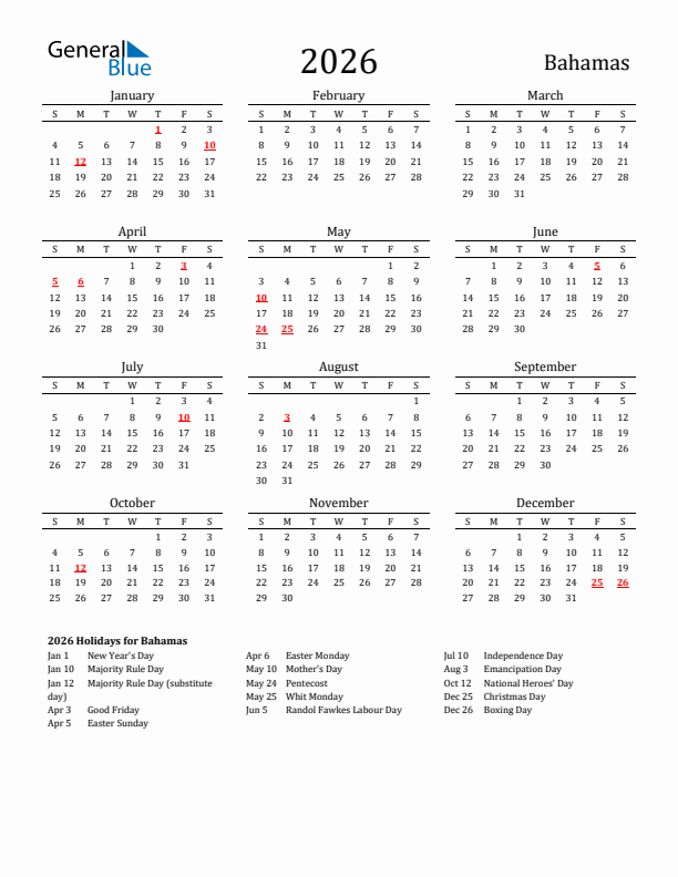 Bahamas Holidays Calendar for 2026