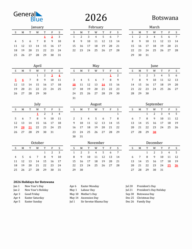 Botswana Holidays Calendar for 2026