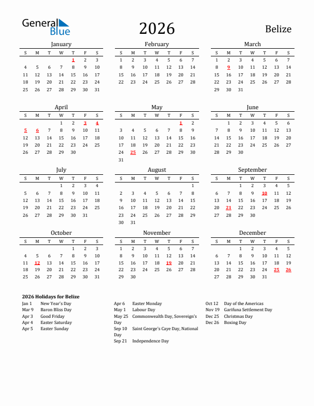 Belize Holidays Calendar for 2026