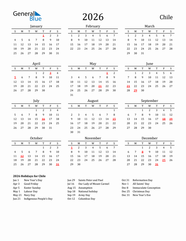 Chile Holidays Calendar for 2026