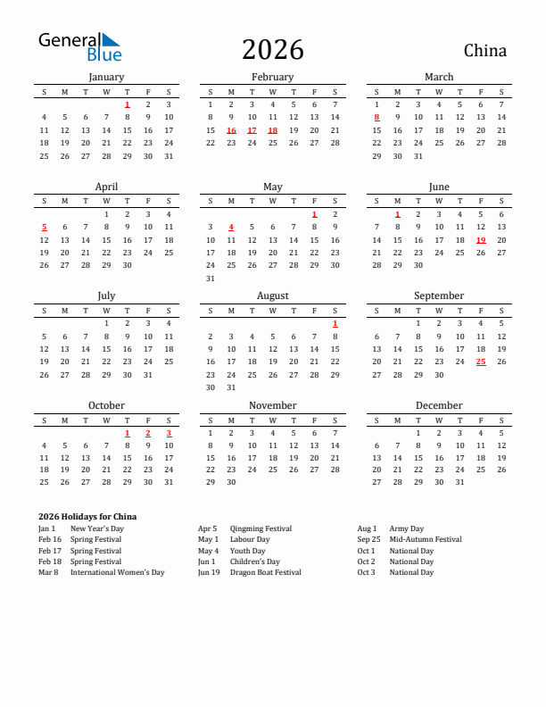 China Holidays Calendar for 2026