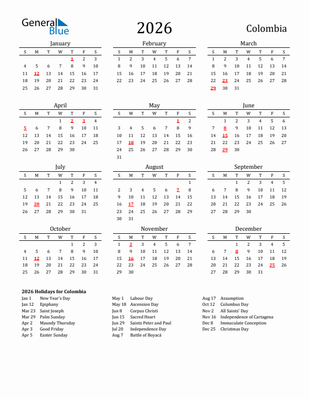 Colombia Holidays Calendar for 2026