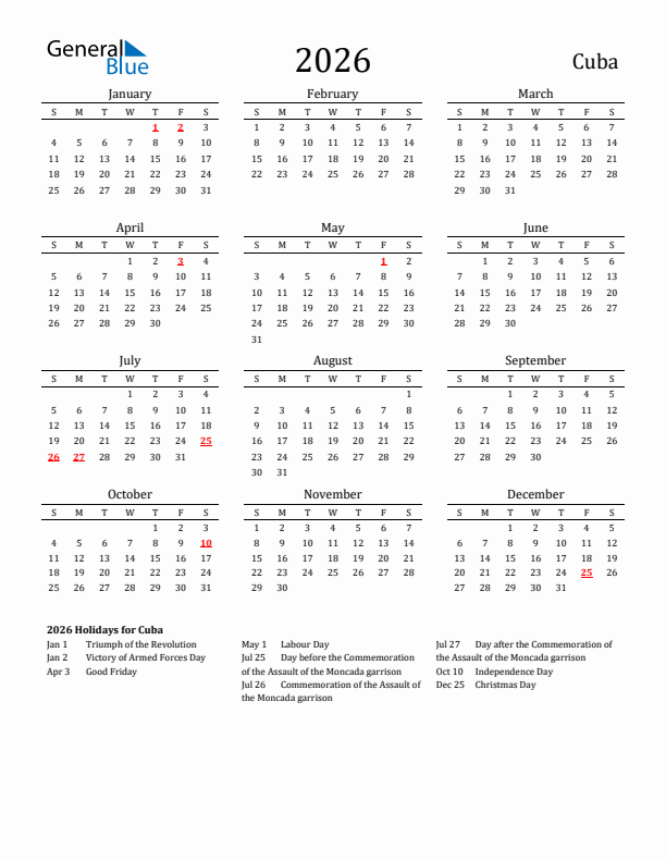 Cuba Holidays Calendar for 2026