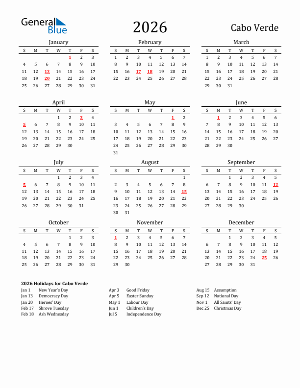 Cabo Verde Holidays Calendar for 2026